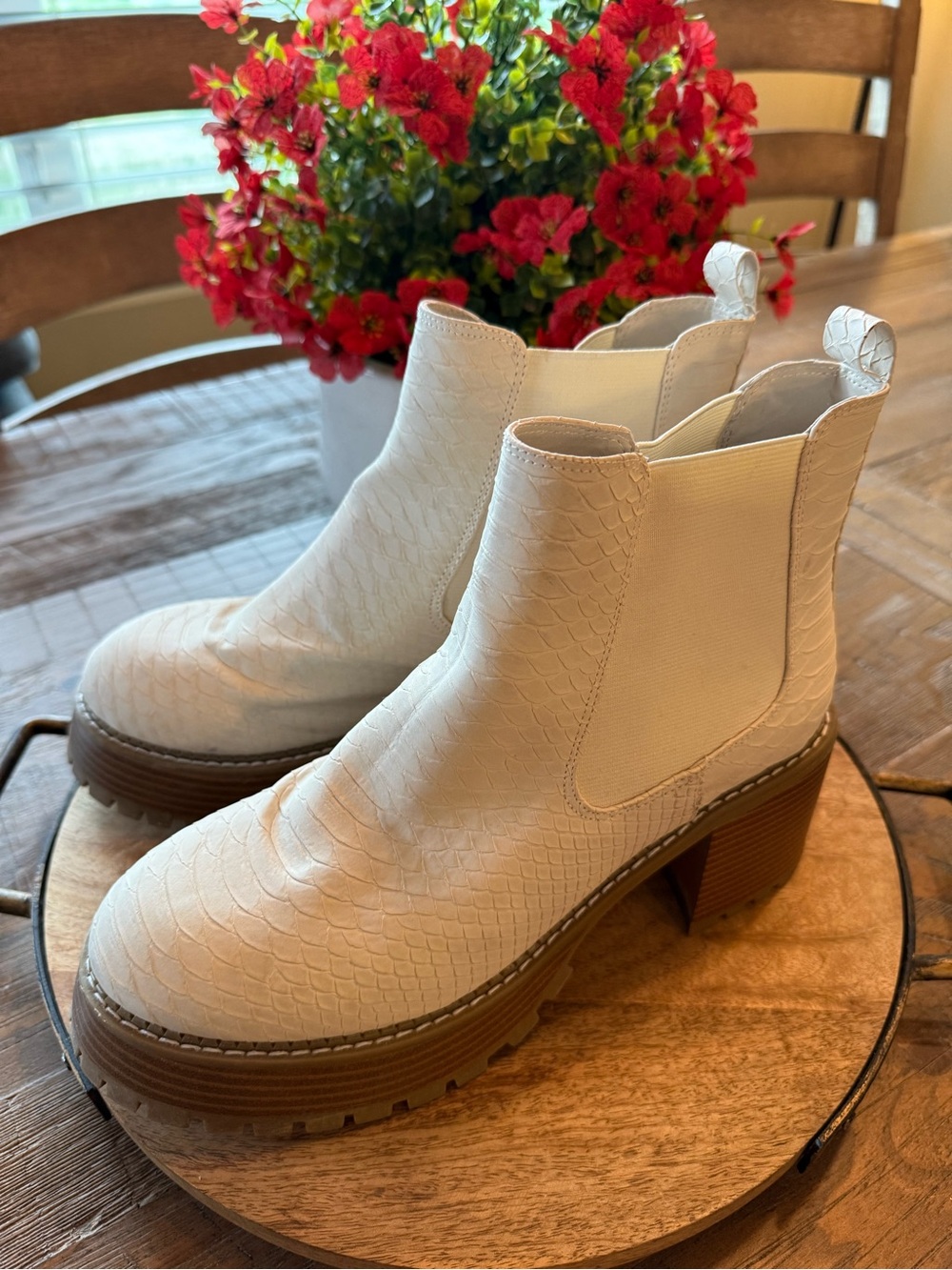 Women's Cream Platform Chelsea Boots with Textured Upper